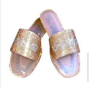 NWOT ROSE GOLD BEBE RHINESTONE FLAT SLIDES SIZE 8 EXTRA BLINGY✨✨​